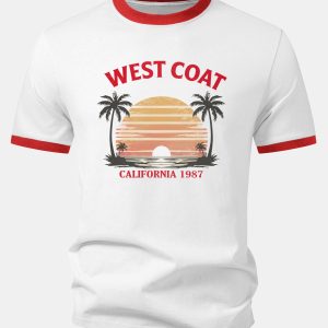 Vintage California Plam Tree Print Contrast Ringer T-Shirt