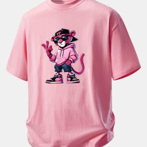 Relax Fit Cool Pink Panther Print Cotton T-Shirt