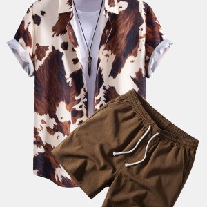Cow Print Button Up Shirt & Crinkle Textured Drawstring 5" Shorts
