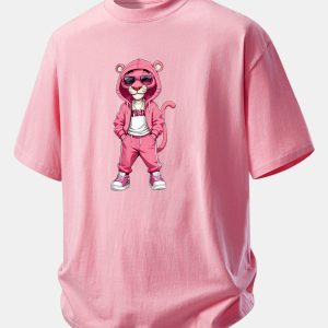 Relax Fit Street Fashion Pink Panther Print Cotton T-Shirt