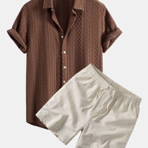 Geometry Rhombus Jacquard Button Up Shirt & Linen Blend Drawstring 7" Shorts