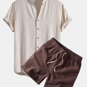 Short Sleeve V Neck Linen Rayon Blend Shirt & Linen Blend Drawstring 7" Shorts