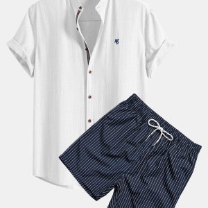 Short Sleeve Linen Look Stand Collar Shirt & Striped Print Swim Shorts