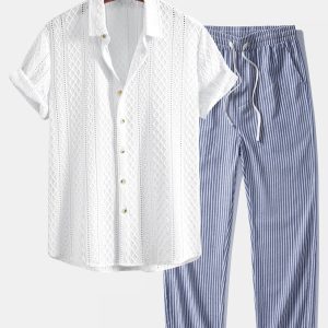 Geometry Rhombus Jacquard Button Up Shirt & Linen Look Stripe Straight Leg Pants
