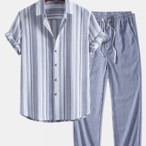 Stripe Linen Look Button Up Shirt & Linen Look Stripe Straight Leg Pants