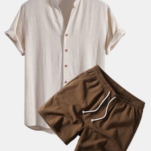 Short Sleeve V Neck Linen Rayon Blend Shirt & Crinkle Textured Drawstring 5" Shorts