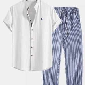 Short Sleeve Linen Look Stand Collar Shirt & Linen Look Stripe Straight Leg Pants