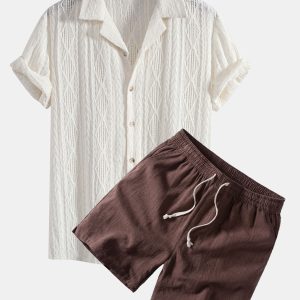 Geometric Jacquard Eyelet Cuban Shirt & Linen Blend Drawstring 7" Shorts