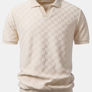 Checkerboard V-Neck Knit Polo