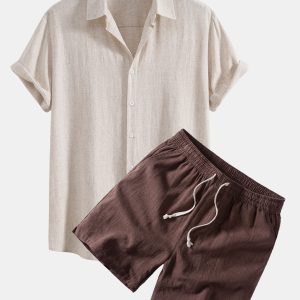 Linen Rayon Blend Button Up Shirt & Linen Blend Drawstring 7" Shorts