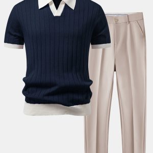 Contrast Trim Stripe Johnny Collar Polo & Slim Fit Tapered Trousers