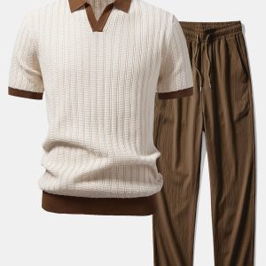 Contrast Textured Johnny Collar Knit Polo & Crinkle Textured Straight Leg Pants