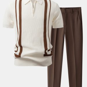 Contrast Waffle Zipper Knit Polo & Slim Fit Tapered Trousers