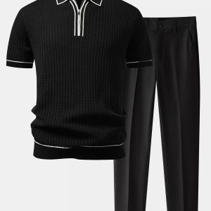 Contrast Trim Waffle Zipper Knit Polo & Slim Fit Tapered Trousers