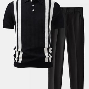 Contrast Textured Knit Polo & Slim Fit Tapered Trousers