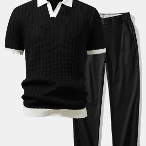 Contrast Textured Johnny Collar Knit Polo & Elastic Waist Straight Leg Trousers
