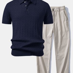 Twisted Jacquard Knit Polo & Elastic Waist Straight Leg Trousers