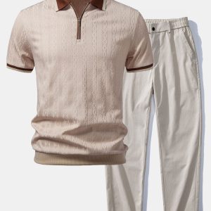 Contrast Trim Textured Zipper Knit Polo & Elastic Waist Straight Leg Trousers