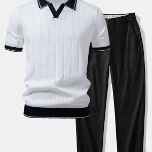 Contrast Trim Ribbed Johnny Collar Knit Polo & Elastic Waist Straight Leg Trousers