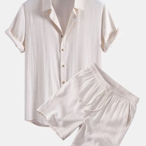 Linen Rayon Blend Button Up Shirt & Drawstring 7" Shorts