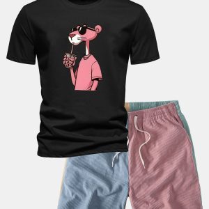Regular Fit Pink Panther Print Cotton T-Shirt & Color Block Drawstring 6" Corduroy Shorts