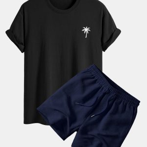Regular Fit Palm Tree Print Cotton T-Shirt & Palm Tree Patch Seersucker 6" Shorts