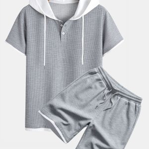 Contrast Button-Placket Waffle Hooded T-Shirt & 2 In 1 Waffle 7″‌ Shorts