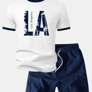 Los Angeles Print Contrast Ringer T-Shirt & 5" Drawstring  Corduroy Shorts