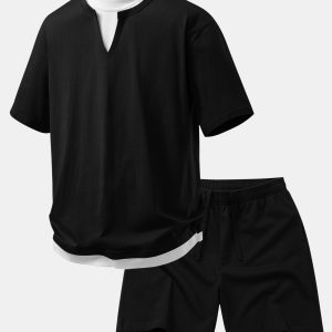 Relax Fit 2 In 1 Notched Collar T-Shirt & Cotton Drawstring 7" Shorts