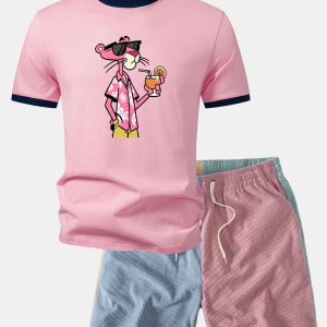 Vacation Pink Panther Print Contrast Ringer T-Shirt & Color Block Drawstring 6" Corduroy Shorts