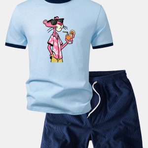 Vacation Pink Panther Print Contrast Ringer T-Shirt & 5" Drawstring  Corduroy Shorts