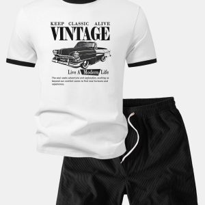 Vintage Car Print Contrast Ringer T-Shirt & 5" Drawstring Corduroy Shorts