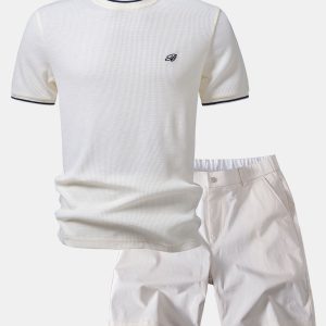 Contrast Trim Waffle Ringer T-Shirt & Elastic Waist Chino Shorts