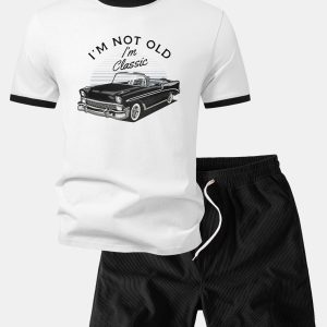Vintage Car Print Contrast Ringer T-Shirt & 5" Drawstring Corduroy Shorts