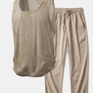 U-Neck Crocheted Tank Top & Crinkle Textured Straight Leg Pants