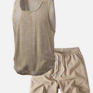 U-Neck Crocheted Tank Top & Crinkle Textured Drawstring 5" Shorts