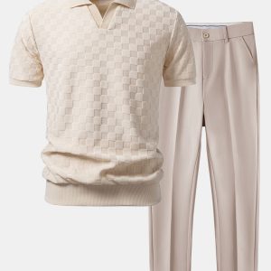 Checkerboard V-Neck Knit Polo & Slim Fit Tapered Trousers