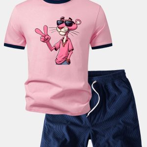 Pink Panther With V Sign Print Contrast Ringer T-Shirt & 5" Drawstring  Corduroy Shorts