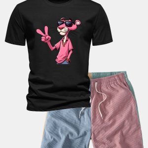 Regular Fit Pink Panther With V Sign Print Cotton T-Shirt & Color Block Drawstring 6" Corduroy Shorts