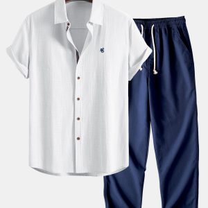 Short Sleeve Linen Look Button Up Shirt & Straight Leg Linen Pants