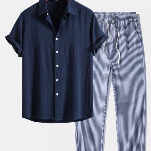 Linen Rayon Blend Button Up Shirt & Linen Look Stripe Straight Leg Pants