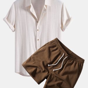 Linen Rayon Blend Button Up Shirt & Crinkle Textured Drawstring 5" Shorts